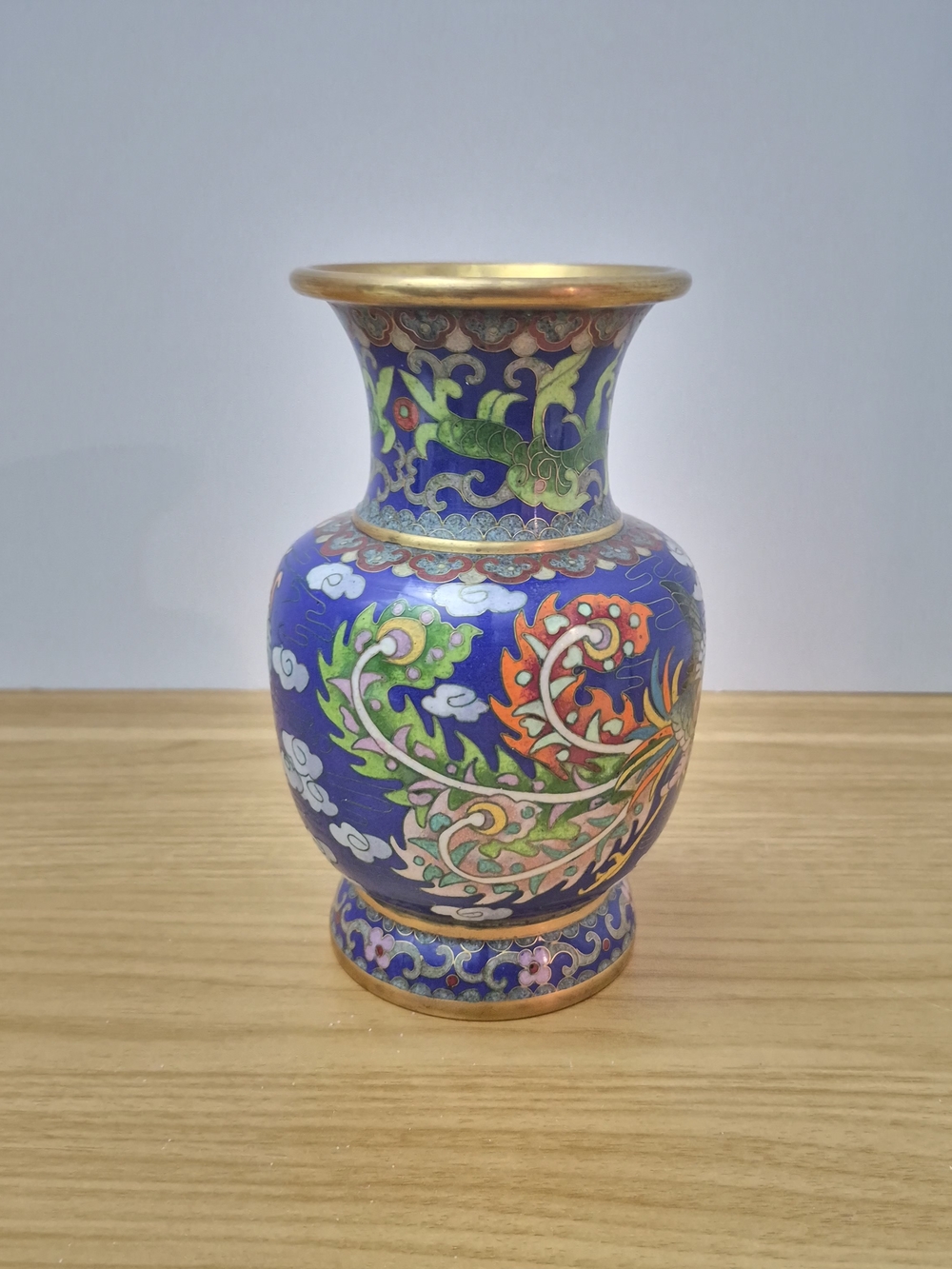 Vintage Chinese Cloisonné Dragon & Phoenix Blue Enamel Brass Vase